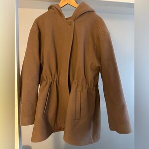 J.Percy Coat Womens Large Camel Parka Cinch Waist 100% Merino Wool Hood Capsule